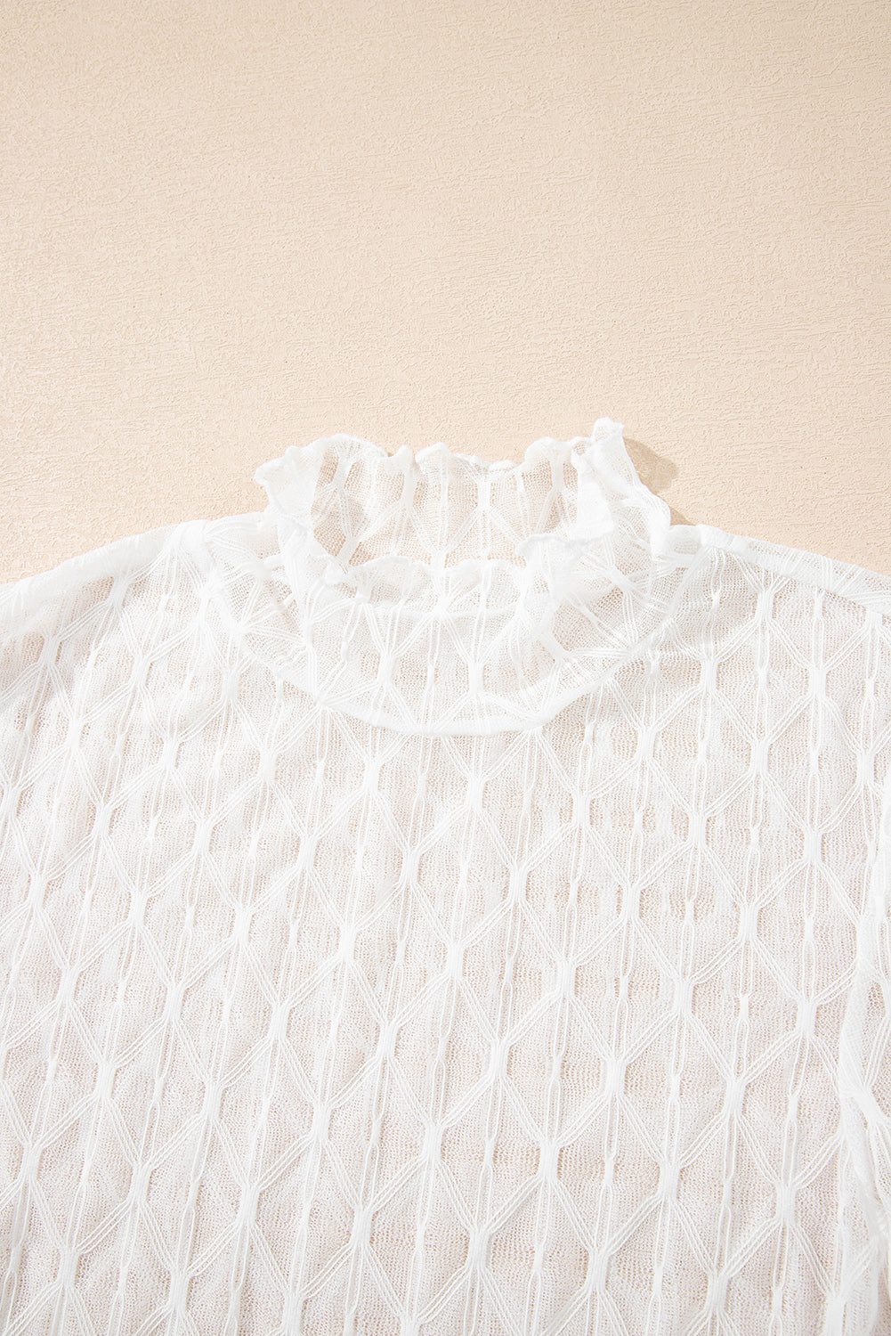 Beige Sheer Mesh Patterned Lettuce Trim Slim Long Sleeve Top