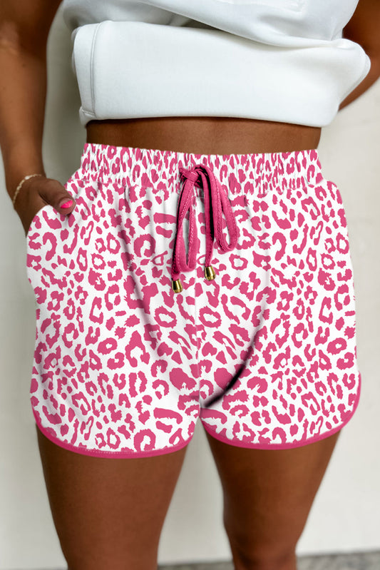 Pink Leopard Elastic Waistband Lace up Contrast Trim Casual Shorts