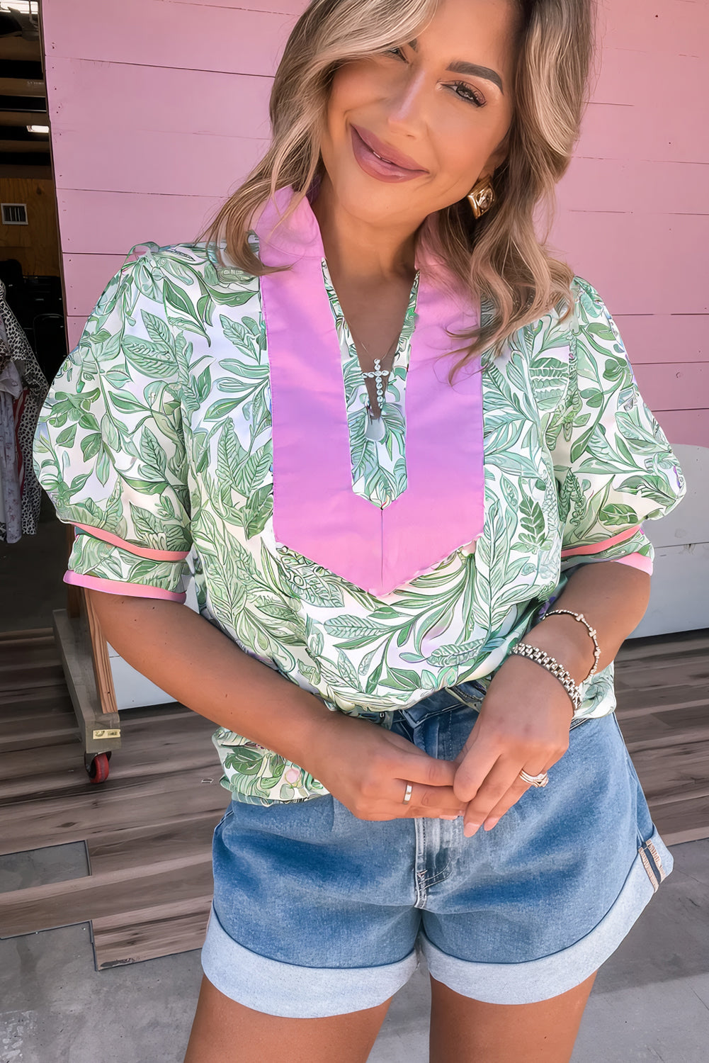 Green Leaves Pattern Color Block V Neck Puff Sleeve Blouse