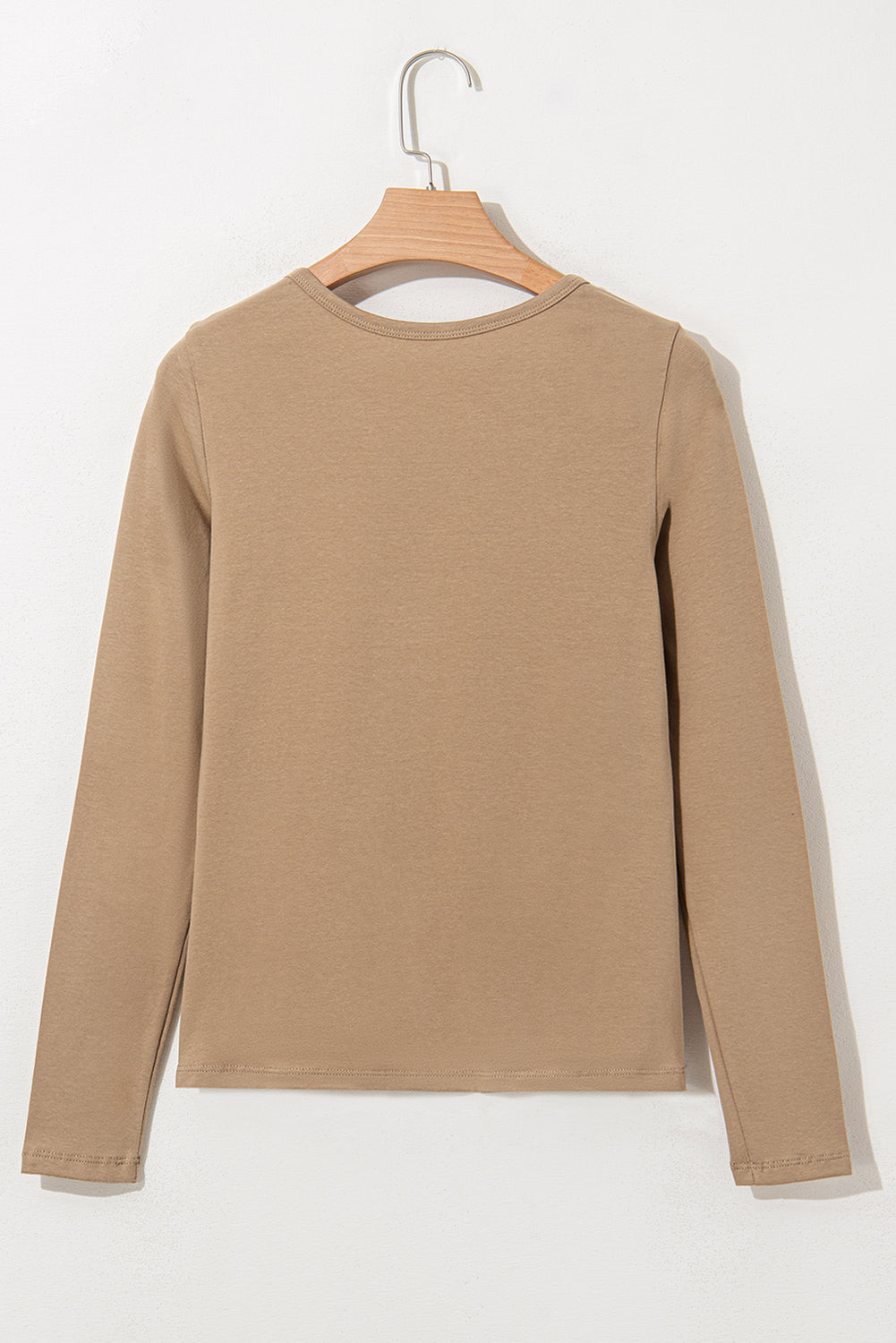 Pale Khaki Long Sleeve Buttons V Neck Slim Fit Top