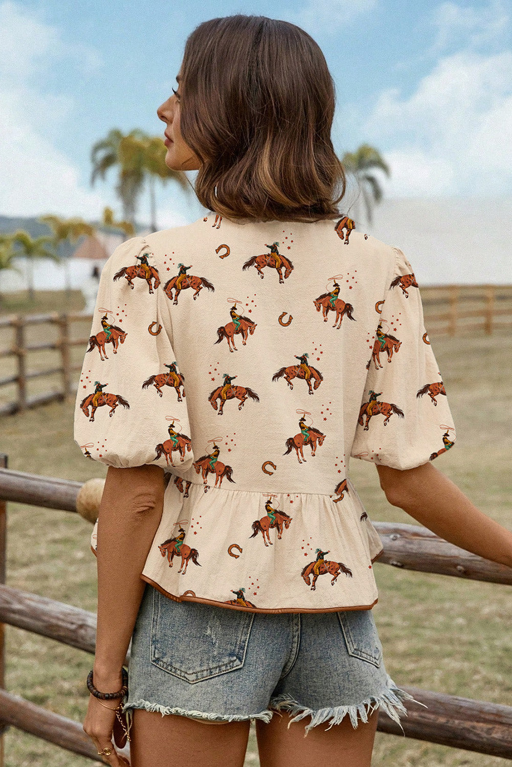 Apricot Cowboy Print Puff Sleeve Bowknot Peplum Blouse