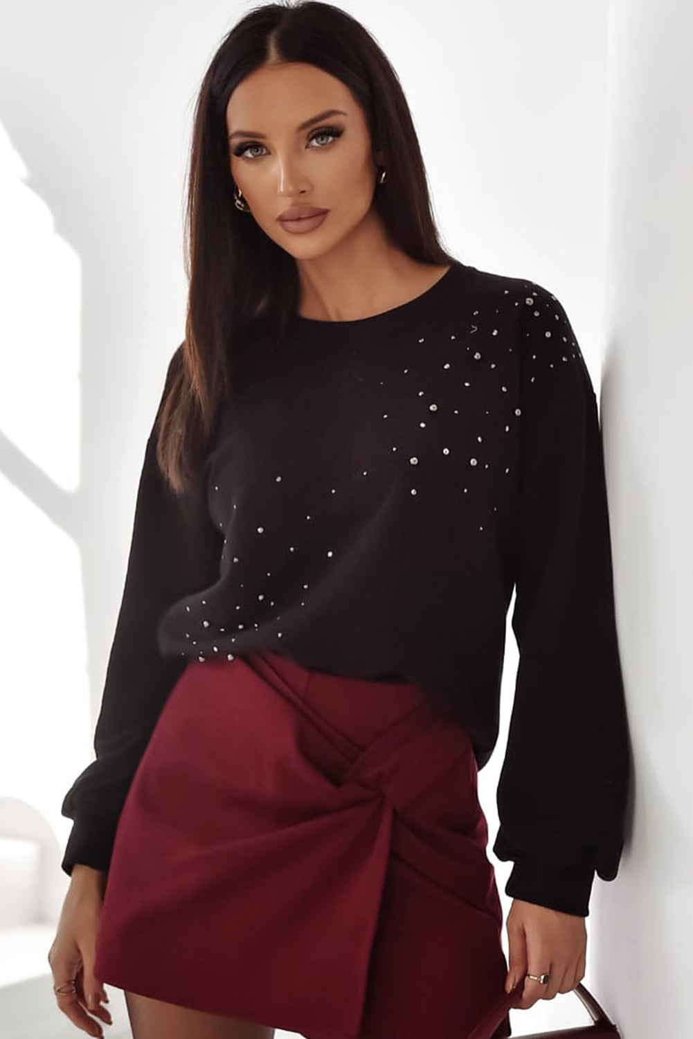 Black Rhinestone Embellished Drop Shoulder Ribbed Cuffs Wholesale Sweatshirt