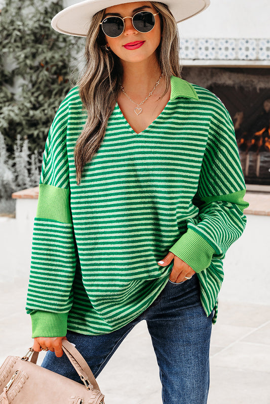 Green Stripe Turn-Down V Neck Patchwork Loose Top