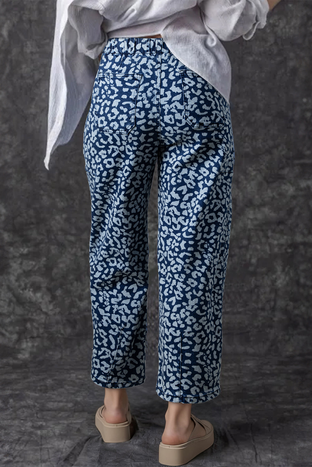 Blue Leopard Printed Drawstring Elastic Waistband Pocketed Wide Leg Jeans