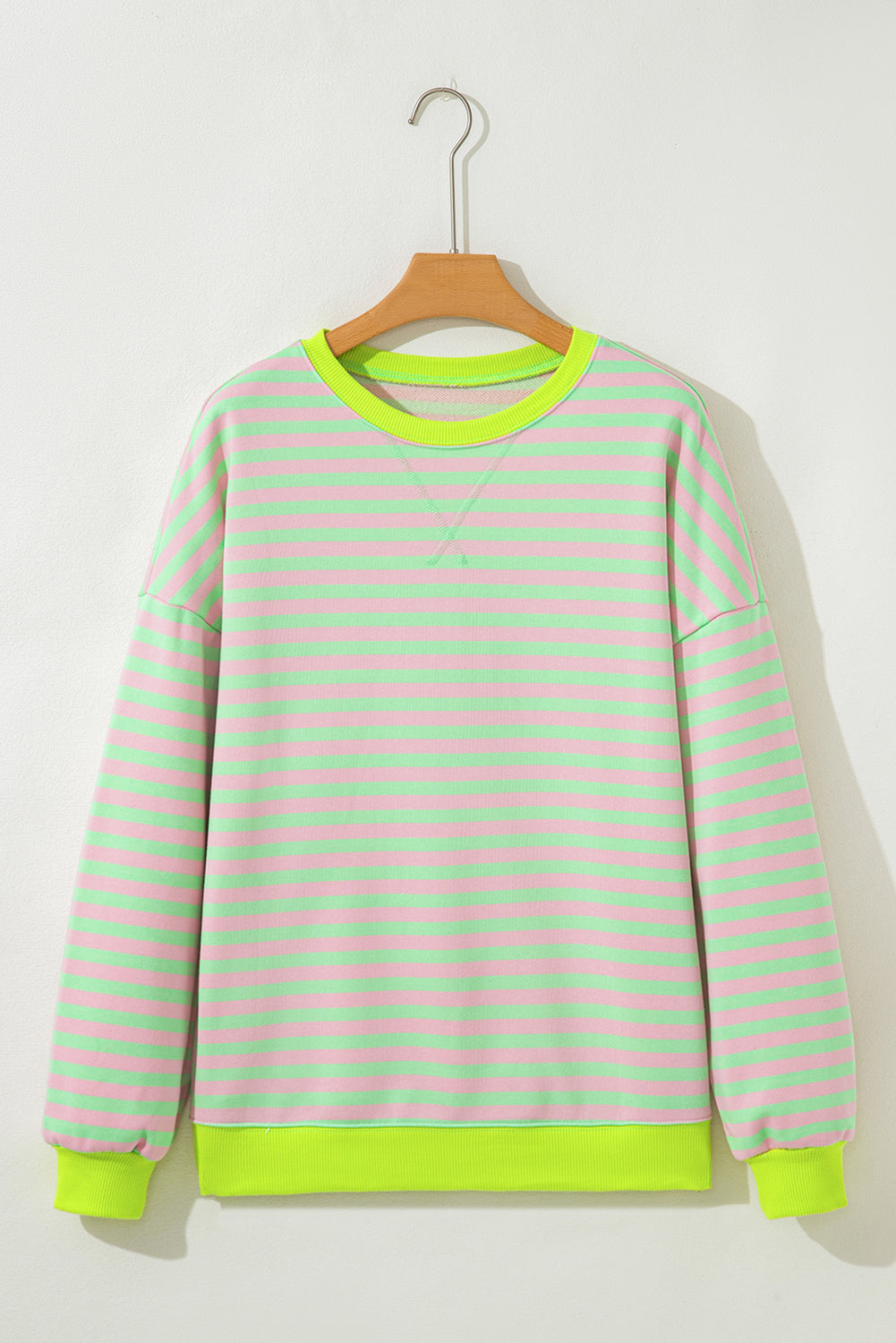 Green Stripe Contrast Ribbed Trim Crossed Stitch Drop Shoulder Sweatshirt