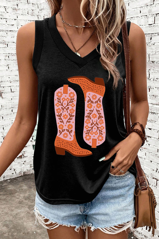 Black Cowgirl Floral Boots Printed Tank Top