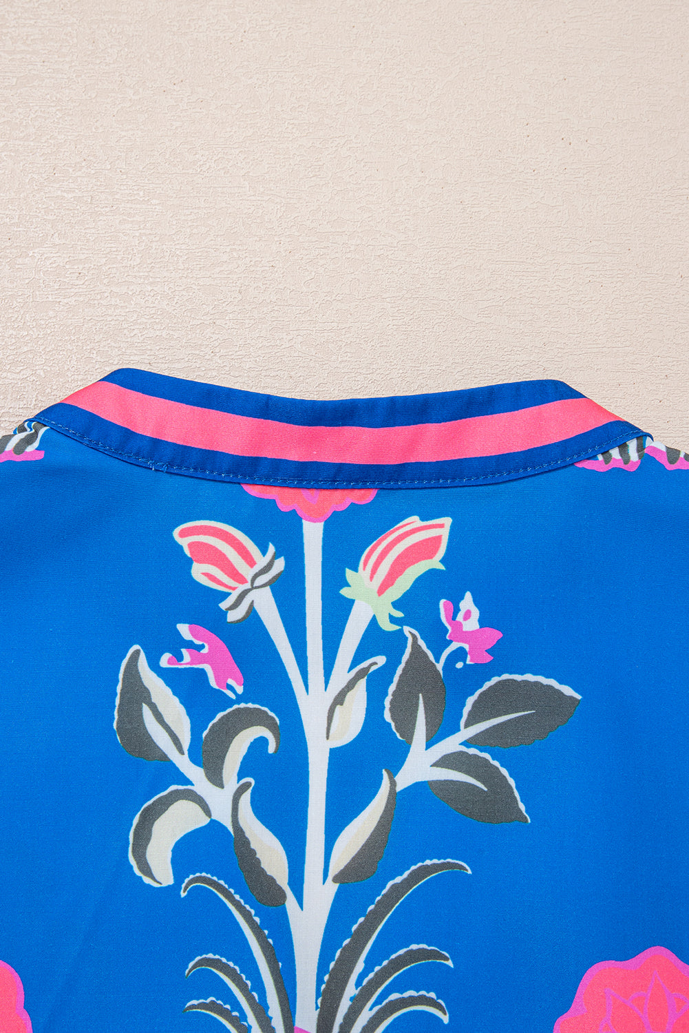Blue Floral Print Contrast Striped Trim Notched Neck Long Sleeve Blouse
