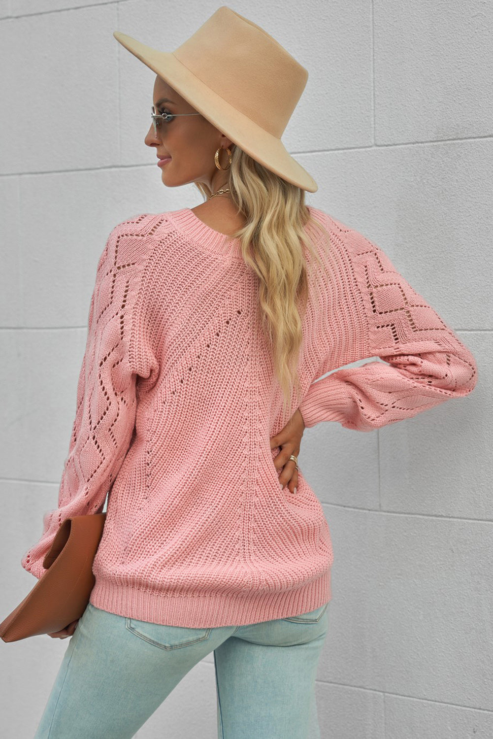 Pink Hollow-out Puffy Sleeve Knit Sweater