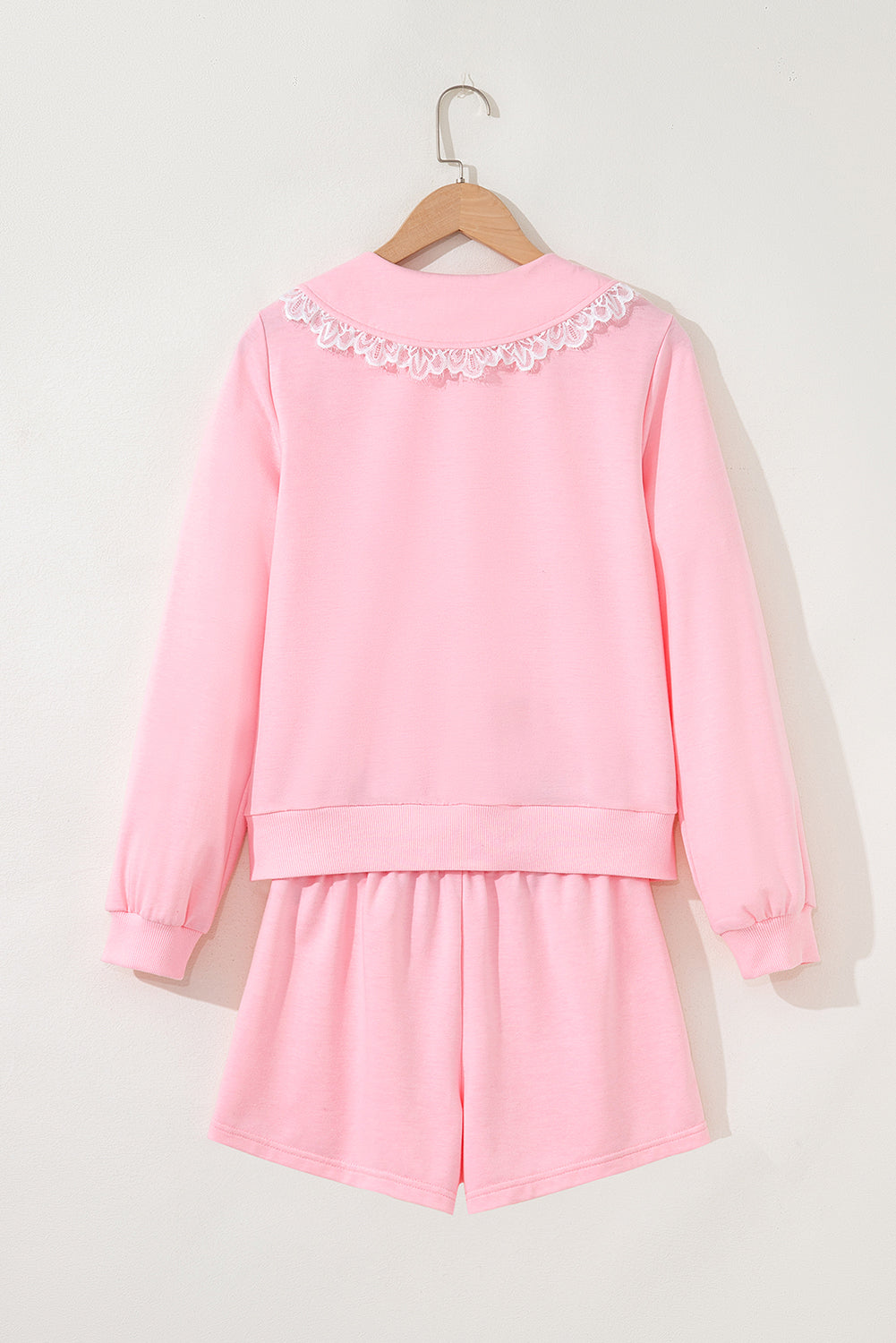 Pink Peter Pan Lace Embellished Neck Collision Sweatshirt and Skirt Two Piece Set