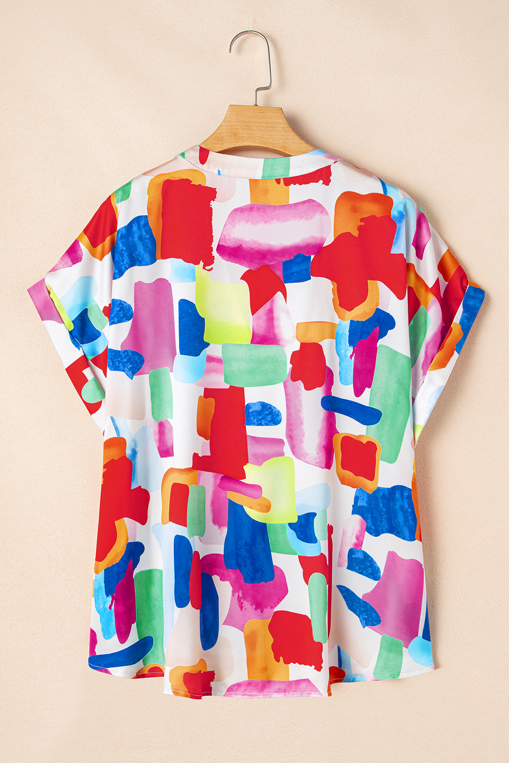 Colorful Brush Stroke Printed Plus Size Button Split Neck Blouse