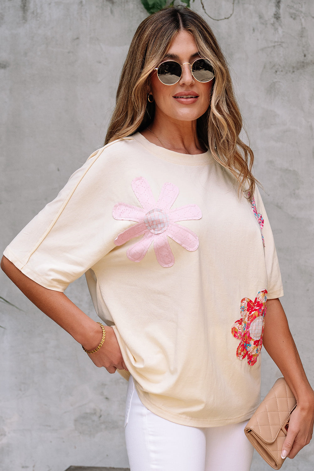 Sky Blue Flower Patched Exposed Stitching Trim Crew Neck Loose Tee