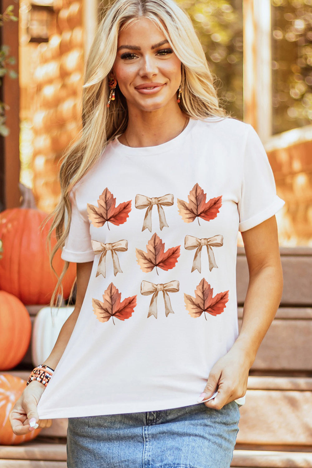 White Fall Leaf Bow Print Thanksgiving T Shirt
