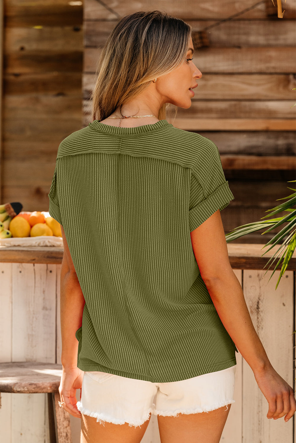 Jungle Green Textured Knit Exposed Stitching T-shirt