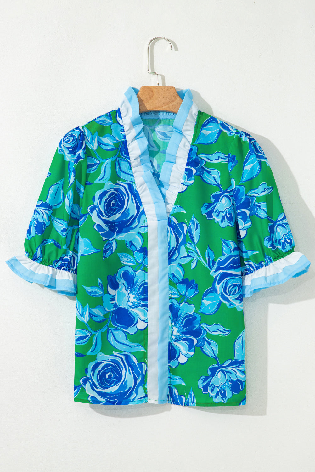 Bright Green Floral Frilled V Neck Short Sleeve Blouse Top