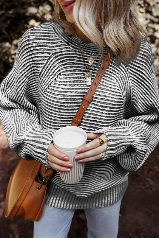 Black Striped Print Ribbed Knit Boat Neck Baggy Sweater