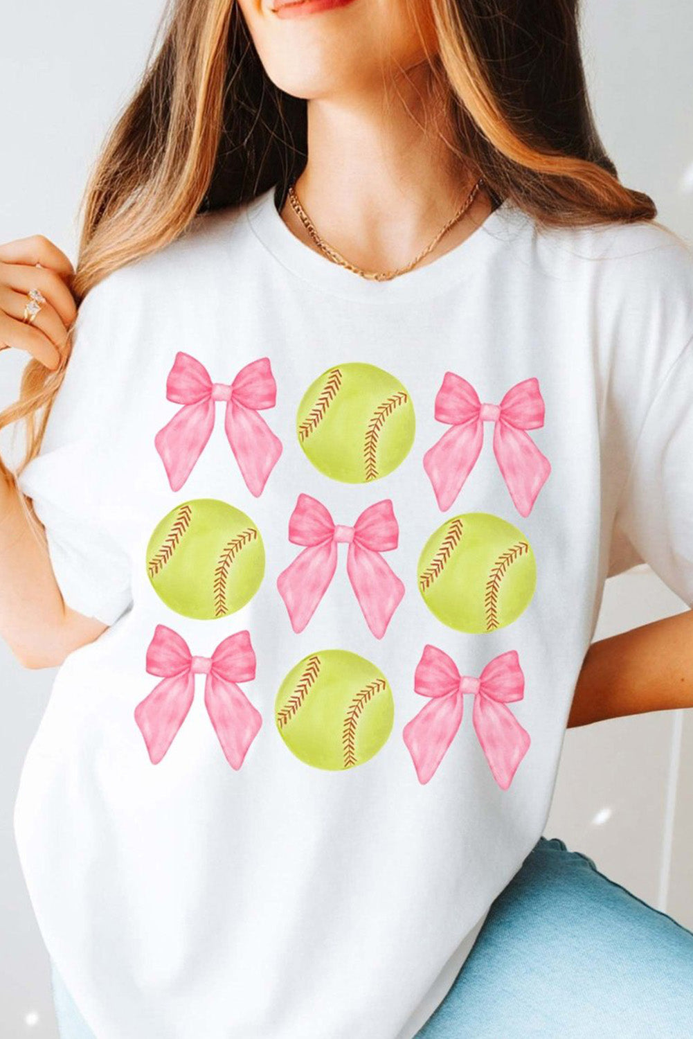 White Bow Tie Baseball Print Round Neck Casual Tee