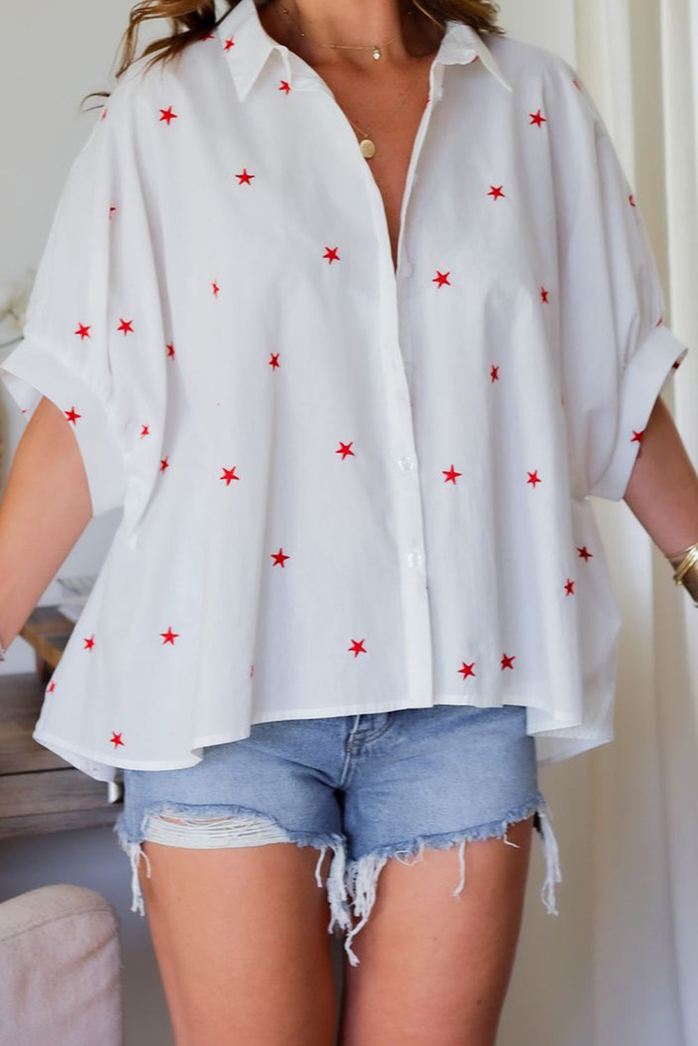 White Little Stars Printed Loose Half Sleeve Loose Shirt
