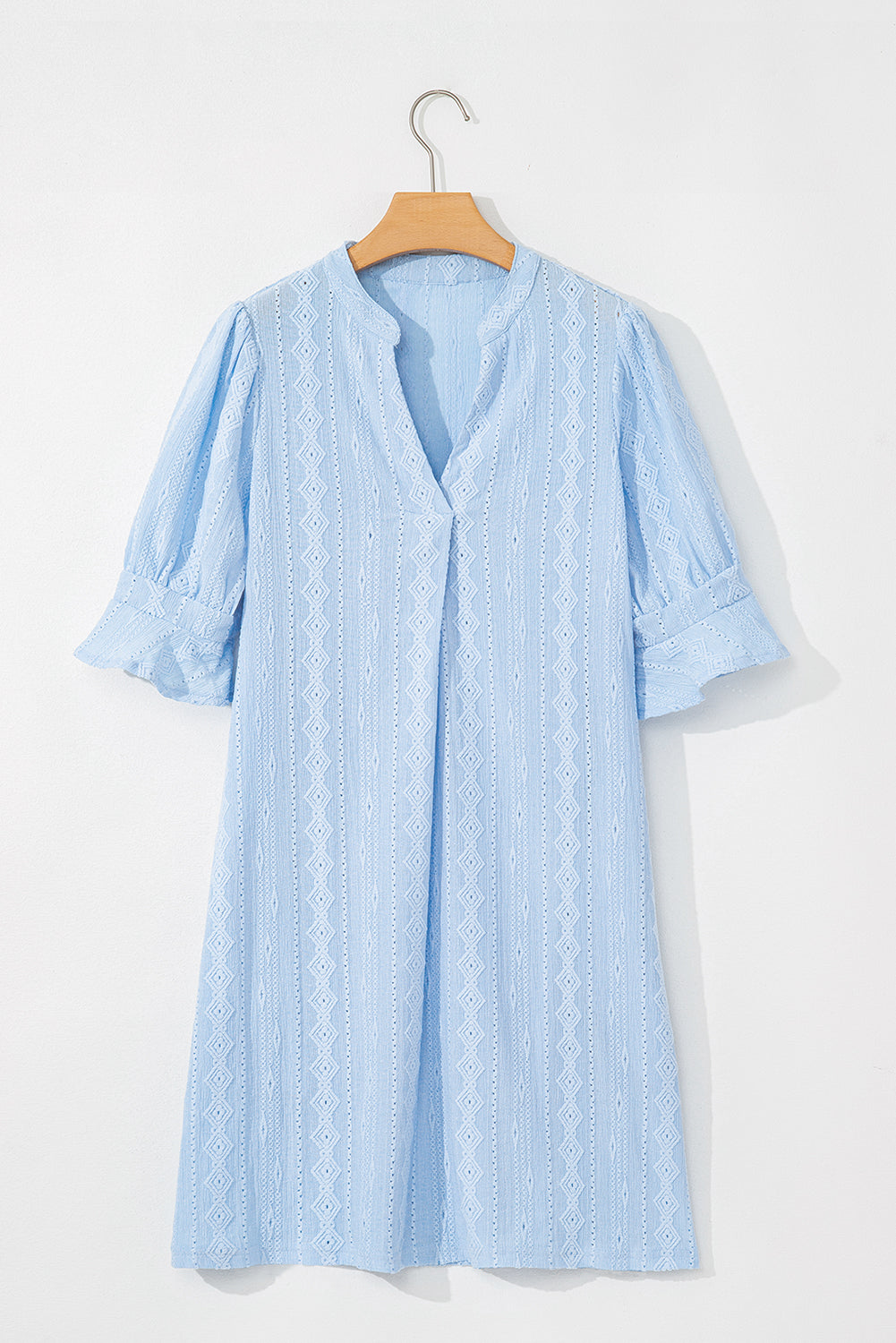 Beau Blue Jacquard Texture Flared Short Sleeve Notched Neck Mini Dress