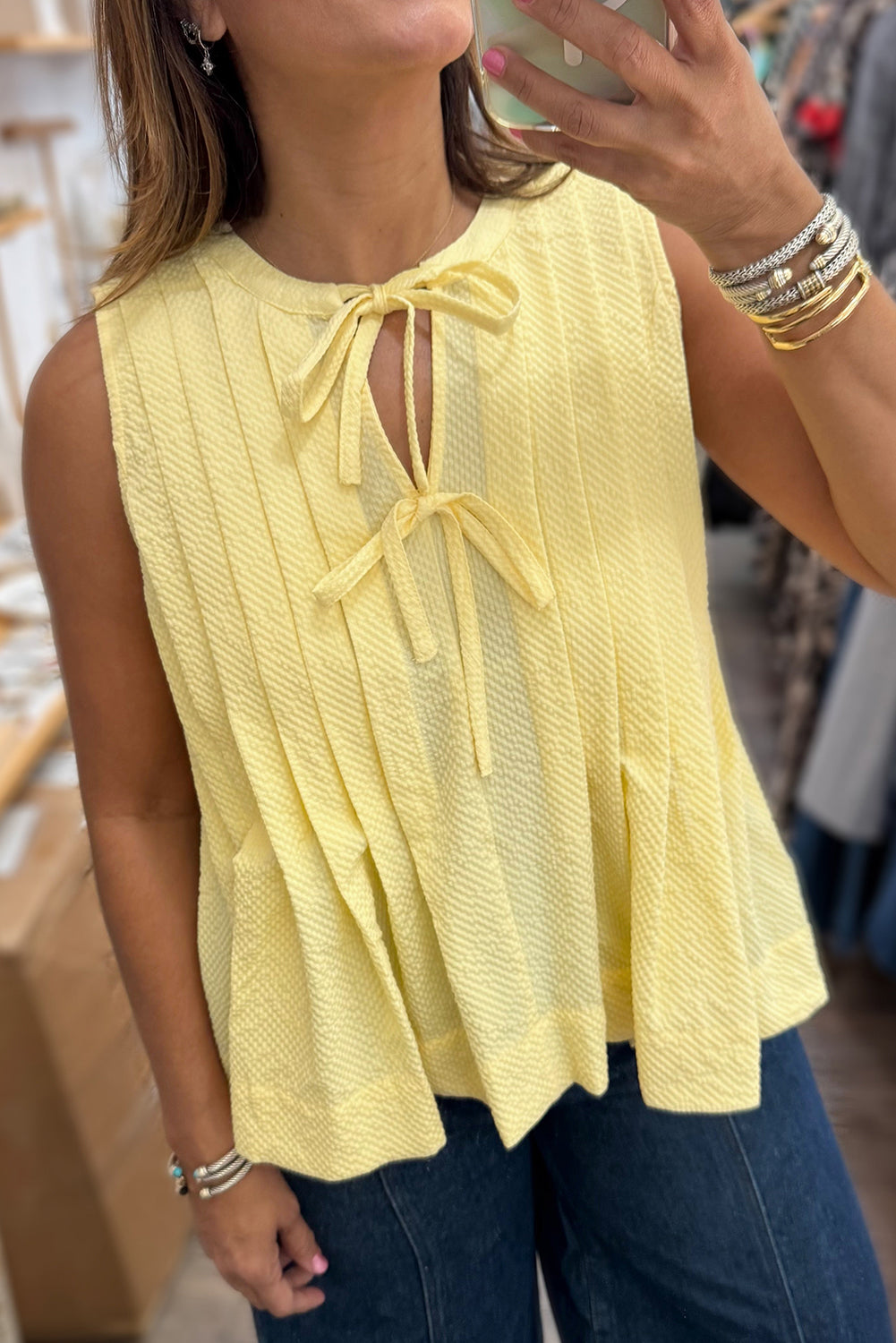 Yellow Cream Bow Tie Notched Neck Pleated Tank Top