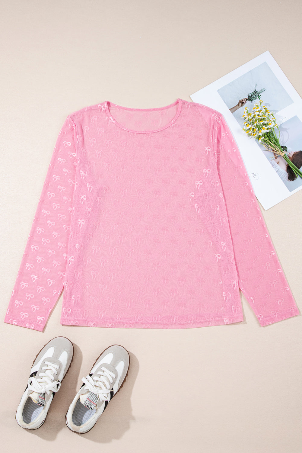 Pink Plus Size Bow Embroidered Mesh Long Sleeve Top