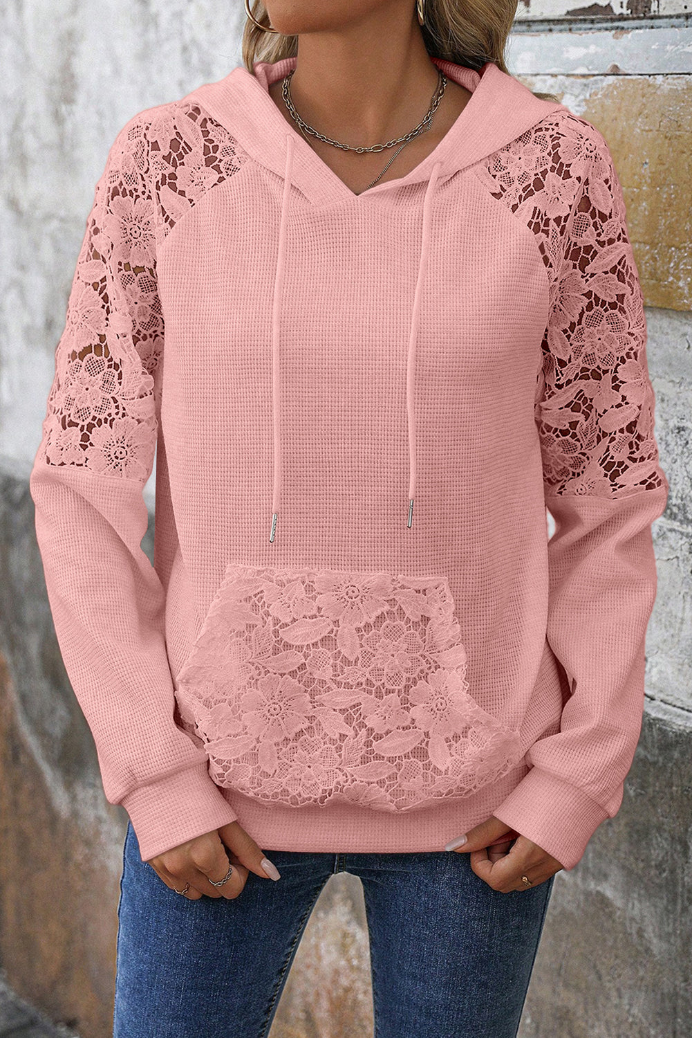 Gossamer Pink Lace Patchwork Raglan Sleeve Kangaroo Pocket Waffle Hoodie