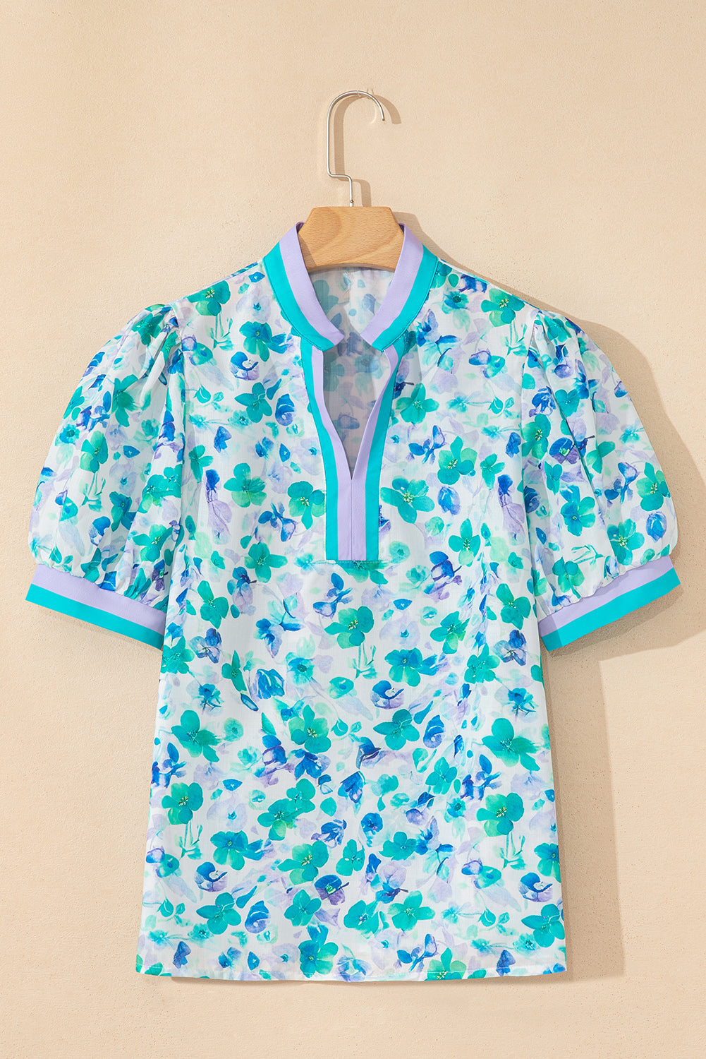 Green Floral Print Striped Trim Split V Neck Puff Short Sleeve Blouse