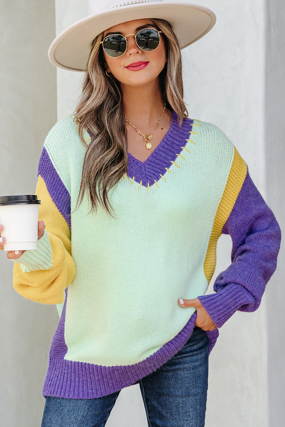 Green Stitched V Neck Color Block Knitted Drop Shoulder Sweater