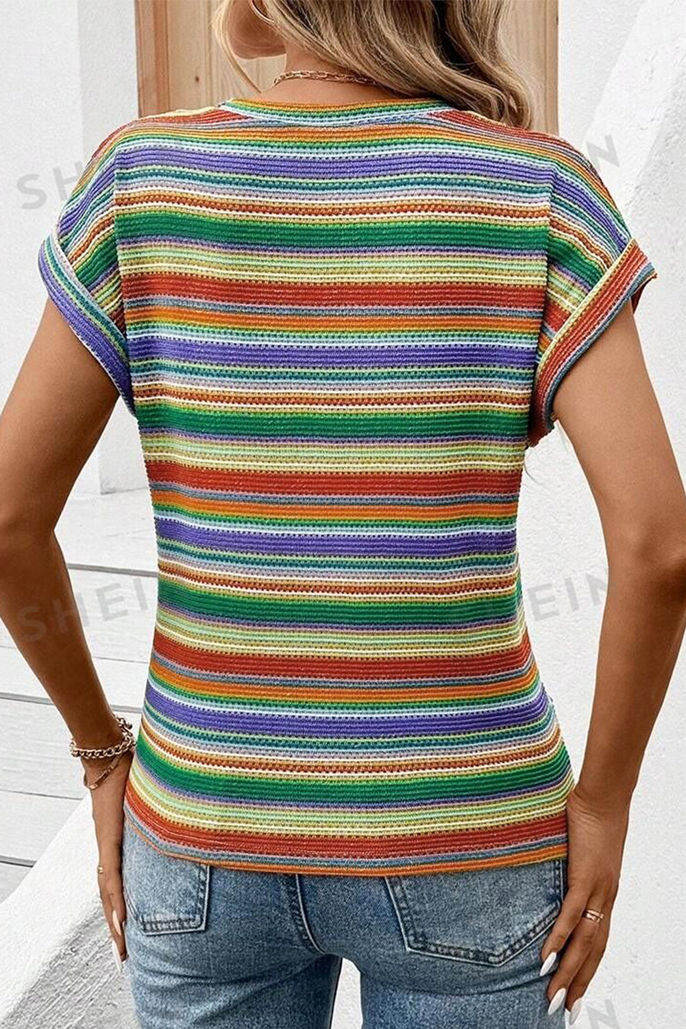 Multicolour Striped Pattern Twist Hem Short Sleeve Top