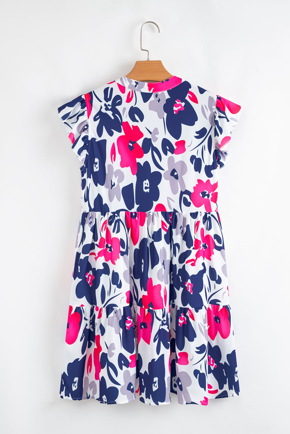 Fashion Floral Print Notched Neck Flutter Sleeve Mini Dress