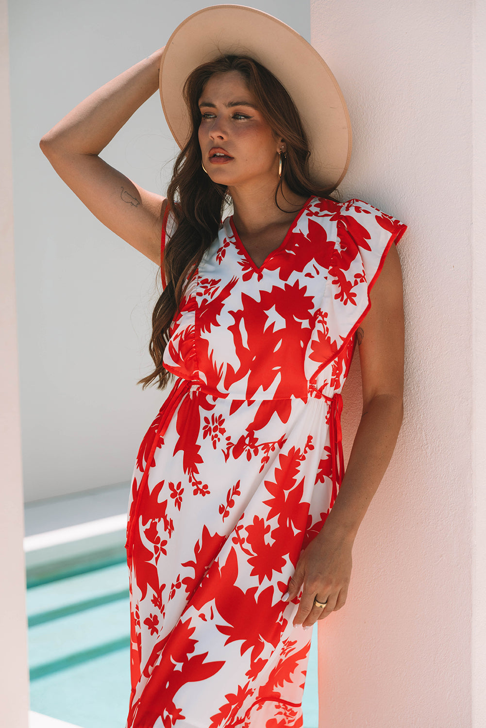 Red Floral Print Trimmed V Neck Ruffle Sleeve Long Dress