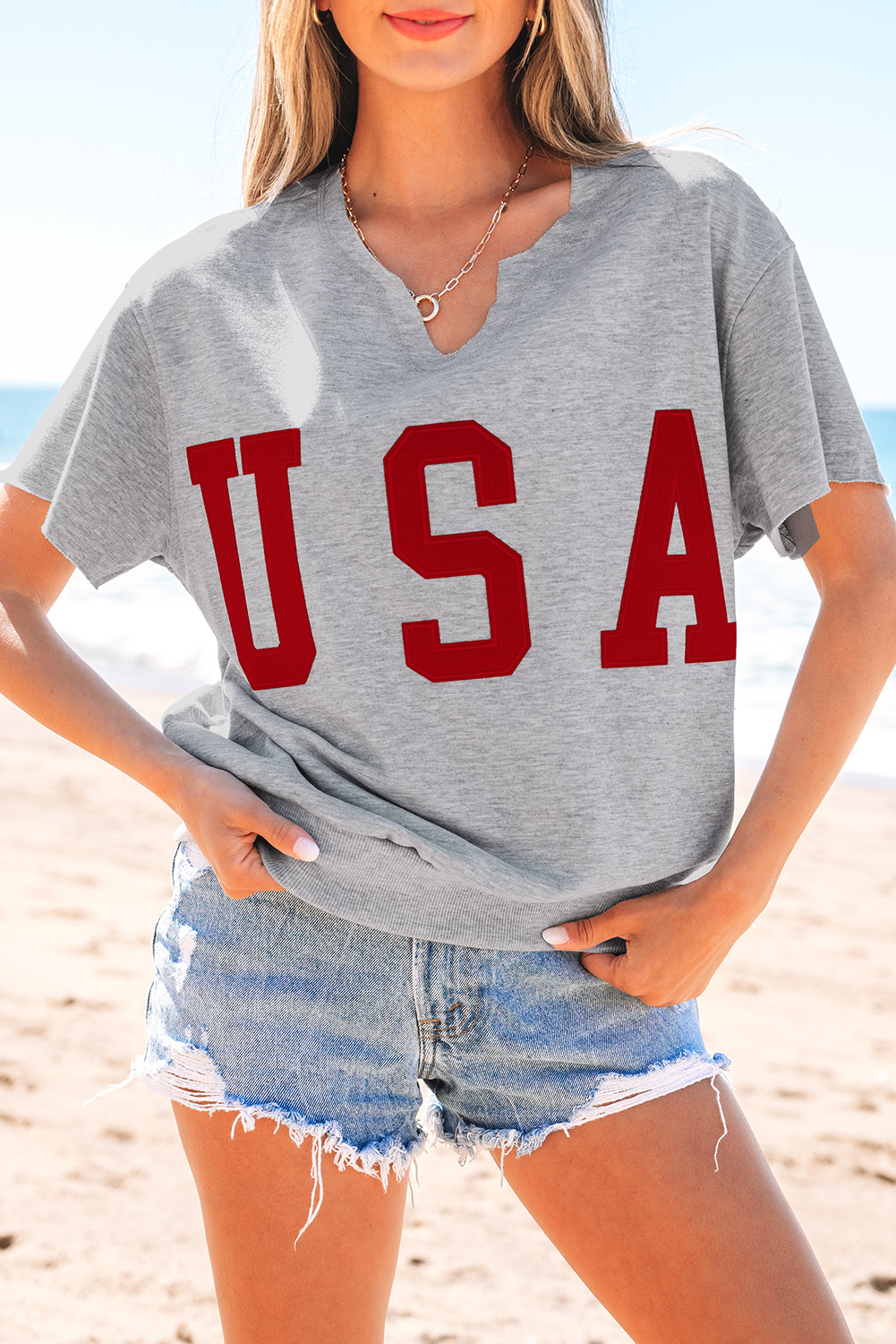 Light Grey USA Lettering Patch Notched Neck Loose Tee