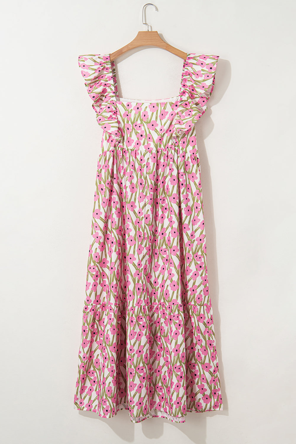 Pink Plus Size Ruffle Trim Square Neck High Waist Floral Maxi Dress