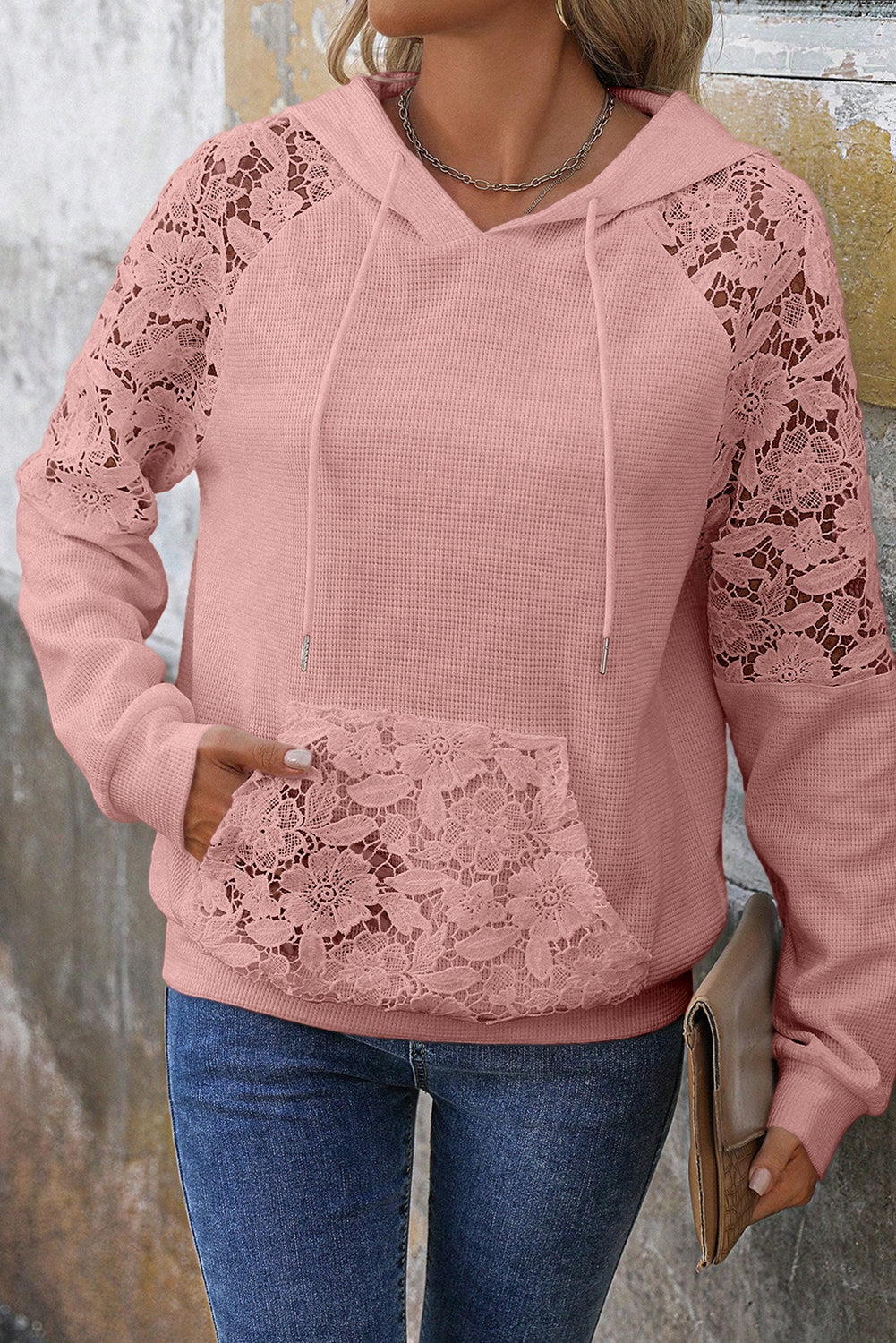 Gossamer Pink Lace Patchwork Raglan Sleeve Kangaroo Pocket Waffle Hoodie