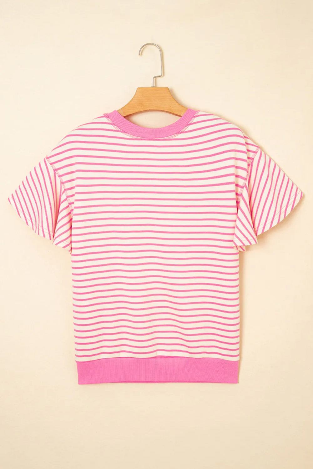 Sachet Pink Sequin Baseball Pattern Striped Ruffle Sleeve Round Neck Knit Top