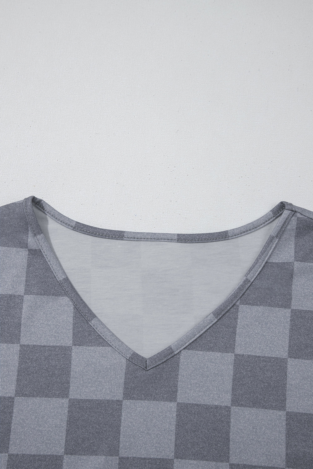 Gray Checkered V Neck Tee Drawstring Shorts Lounge Set