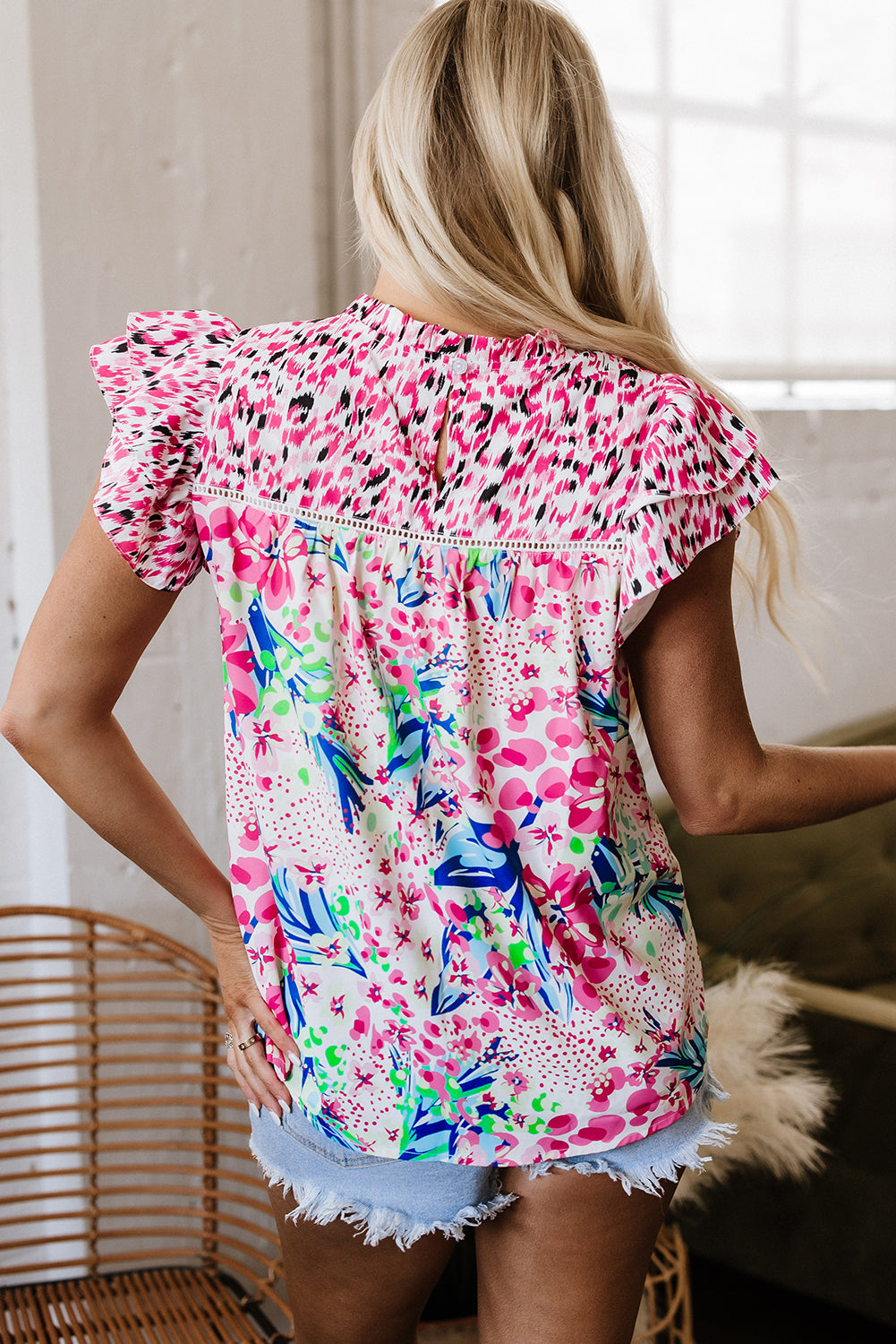 Pink Floral Mixed Print Ruffle Cap Sleeve Blouse