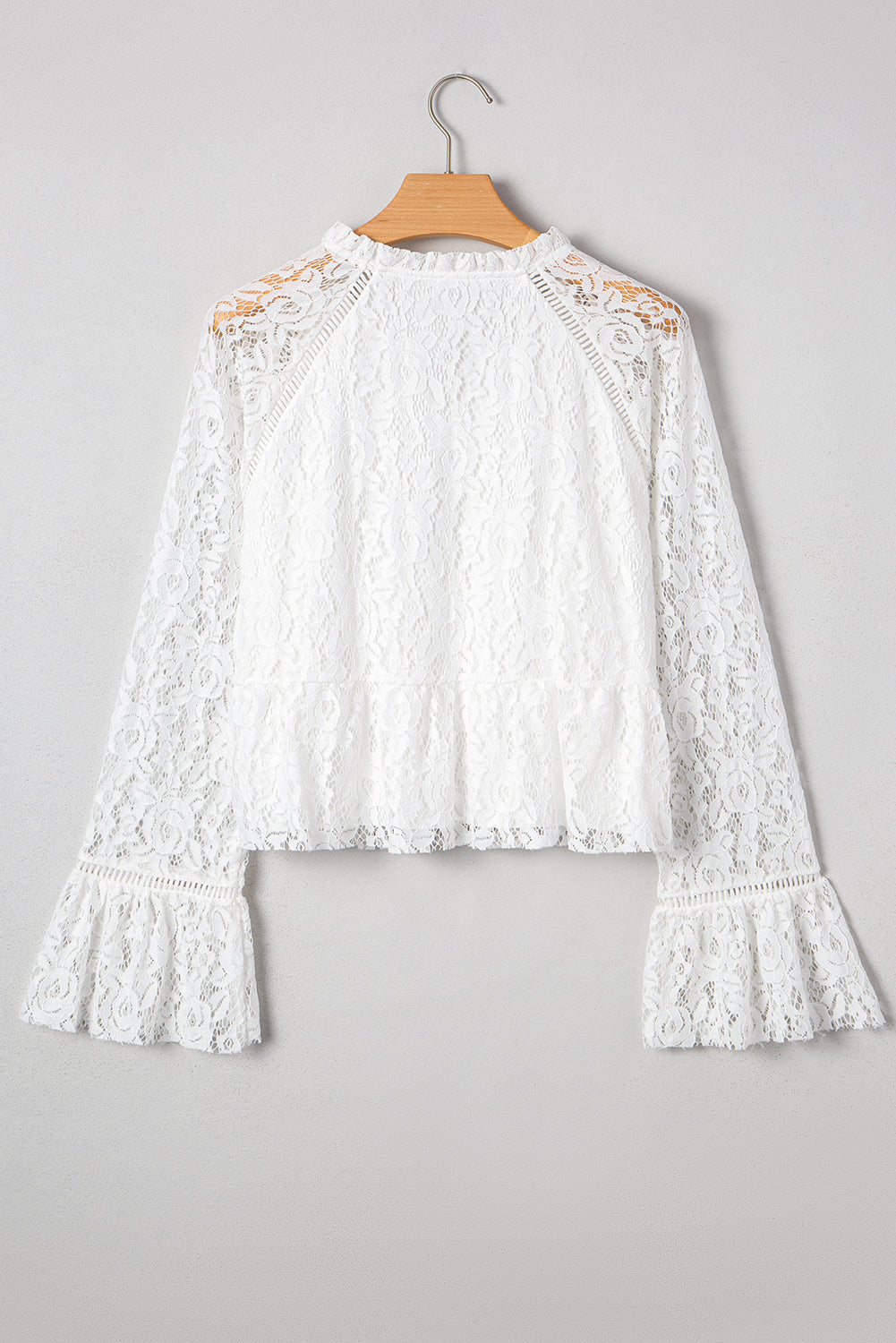 White Tie V Neck Lace Ruffle Detail Long Sleeve Blouse