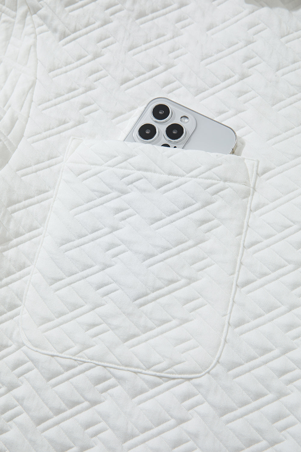 White Textured Pocketed Collared V Neck Pullover Sweatshirt