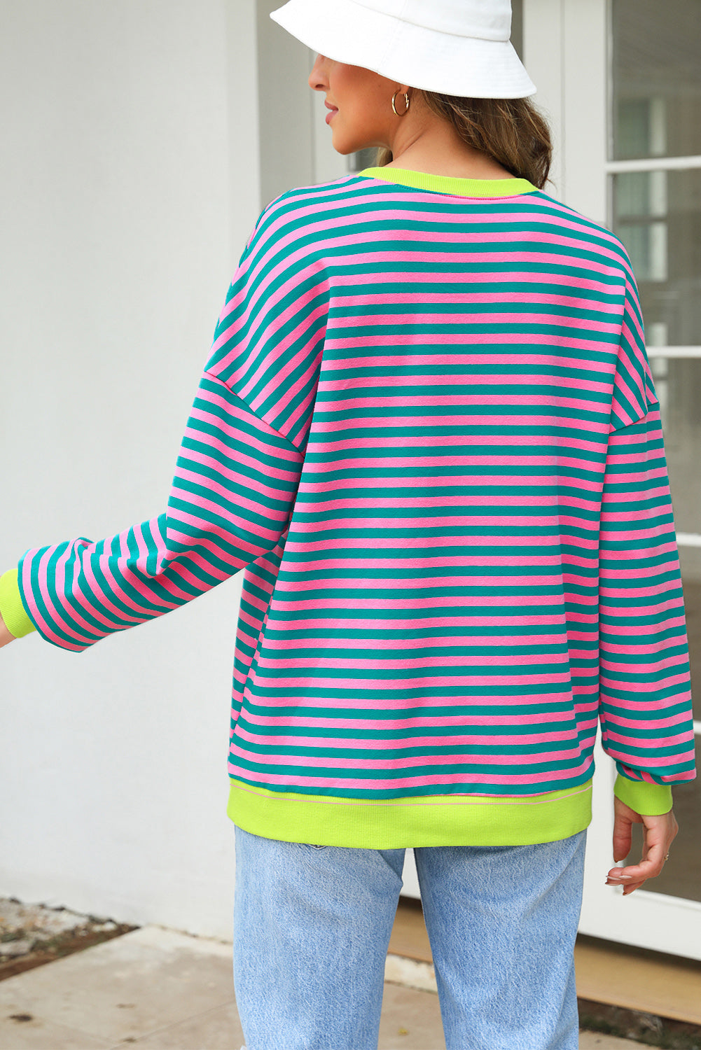 Rose Stripe Contrast Ribbed Trim Crossed Stitch Drop Shoulder Sweatshirt