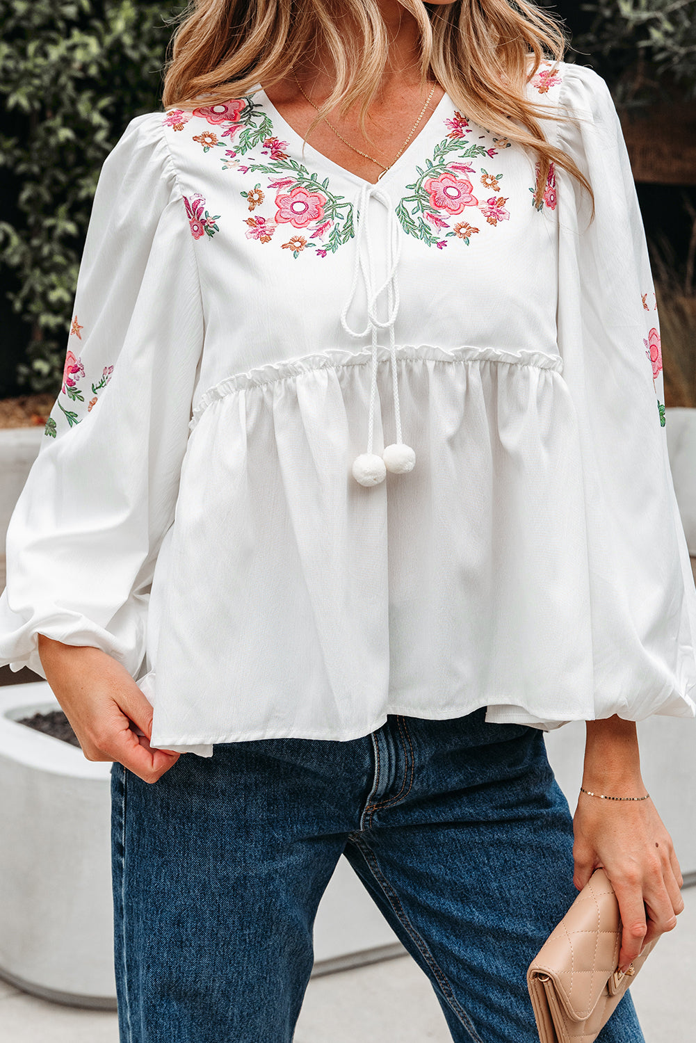 White Flower Print Lace-up V Neck Babydoll Blouse