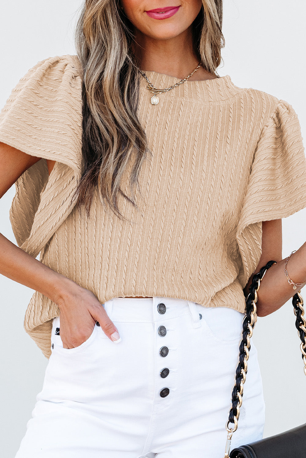 Beige Solid Color Textured Flutter Sleeve Top