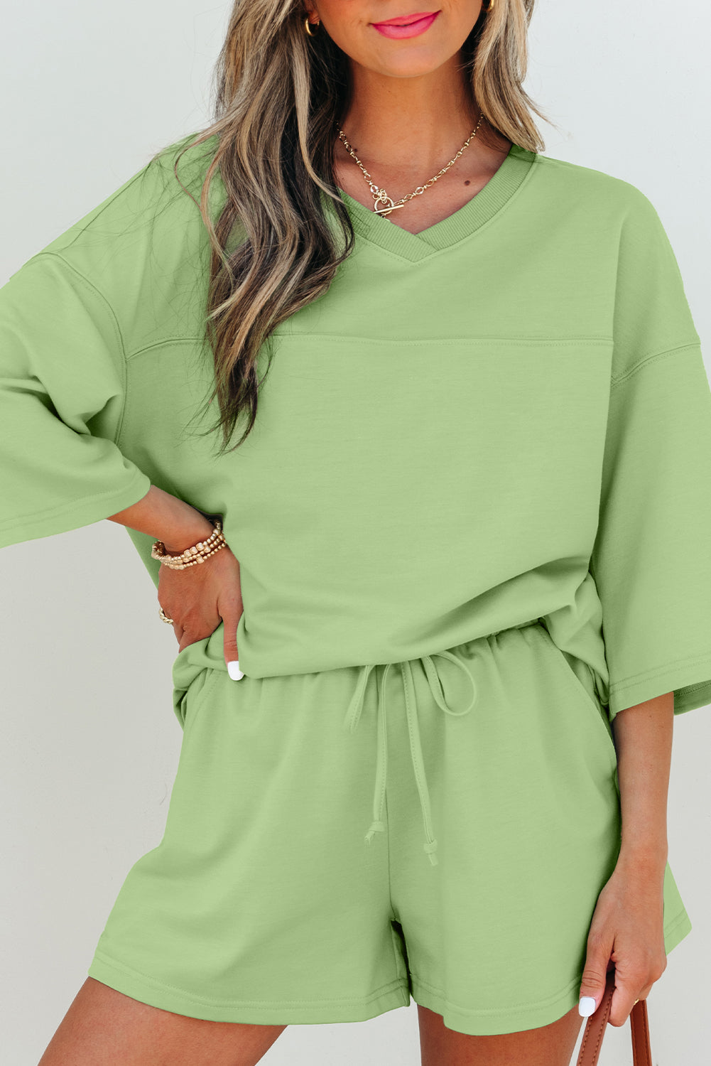 Meadow Mist Green Solid Loose V Neck Half Sleeve Tee and Shorts