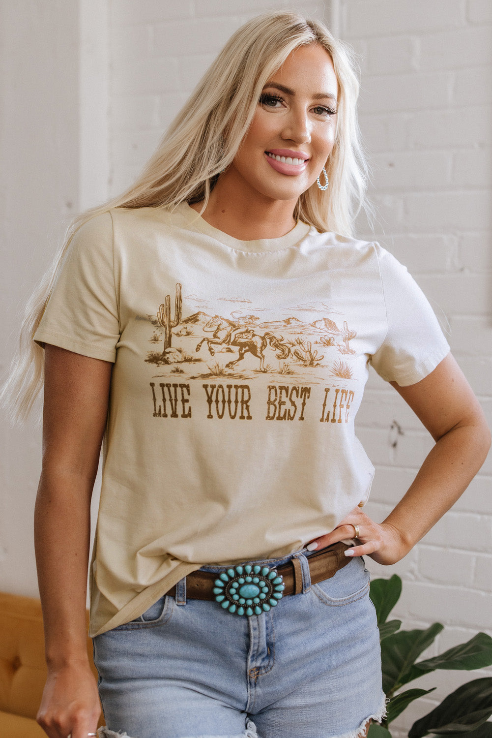 Beige LIVE YOUR BEST LIFE Crew Neck Western Graphic Tee