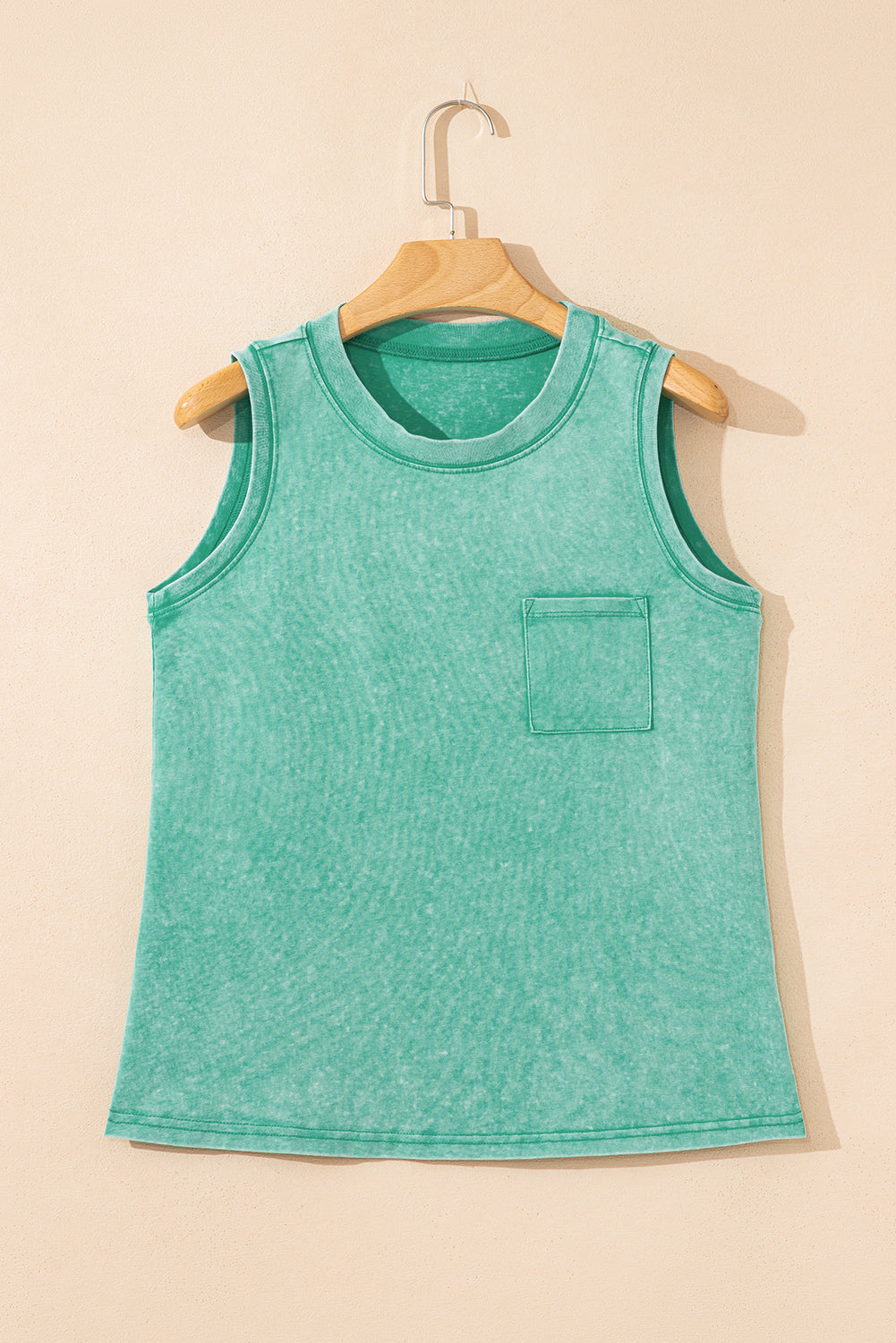 Sea Green Mineral Wash Patched Chest Pocket Casual Tank Top