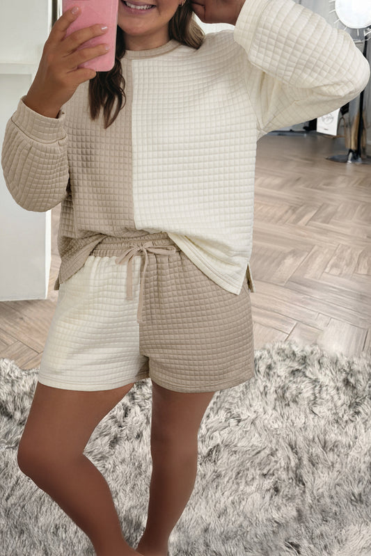 Khaki Color Block Patchwork Textured Long Sleeve Top 2pcs Short Set