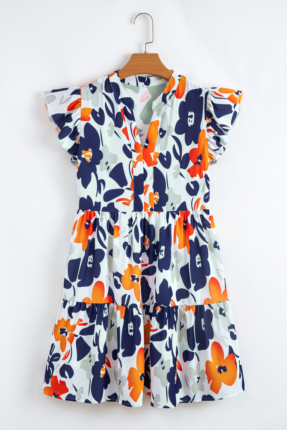 Orange Floral Print Notched Neck Flutter Sleeve Mini Dress