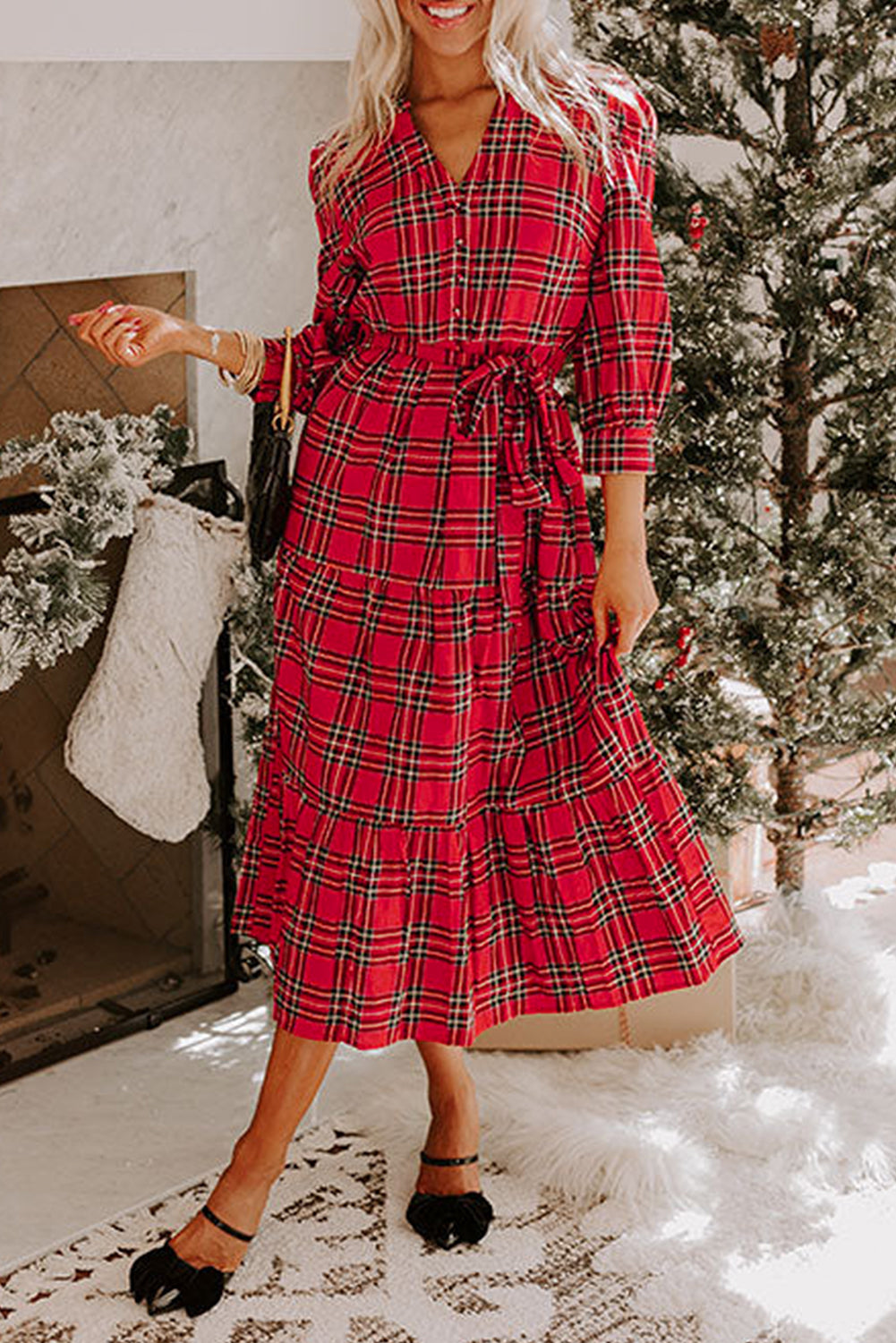 Red Christmas Plaid V Neck 3/4 Sleeve Tie Waist Ruffle Hem Long Dress