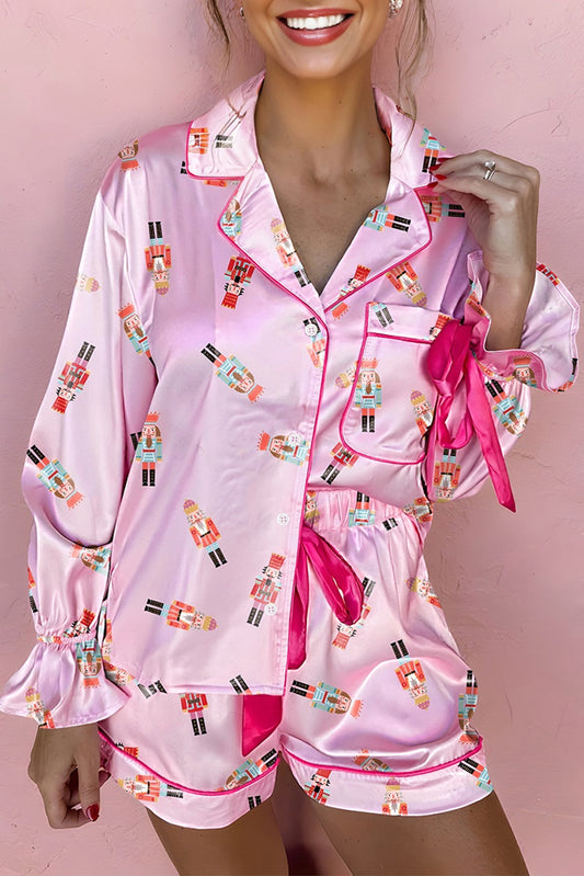 Pink Nutcracker Print Contrast Trim Tied up Bow Silky 2pcs Pajama Set