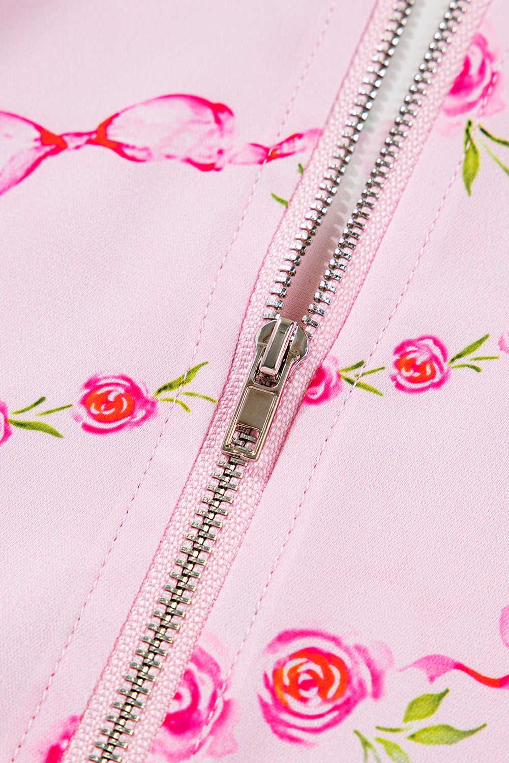 Pink Floral Print Half Zip Kangaroo Pouch Drawstring Hoodie