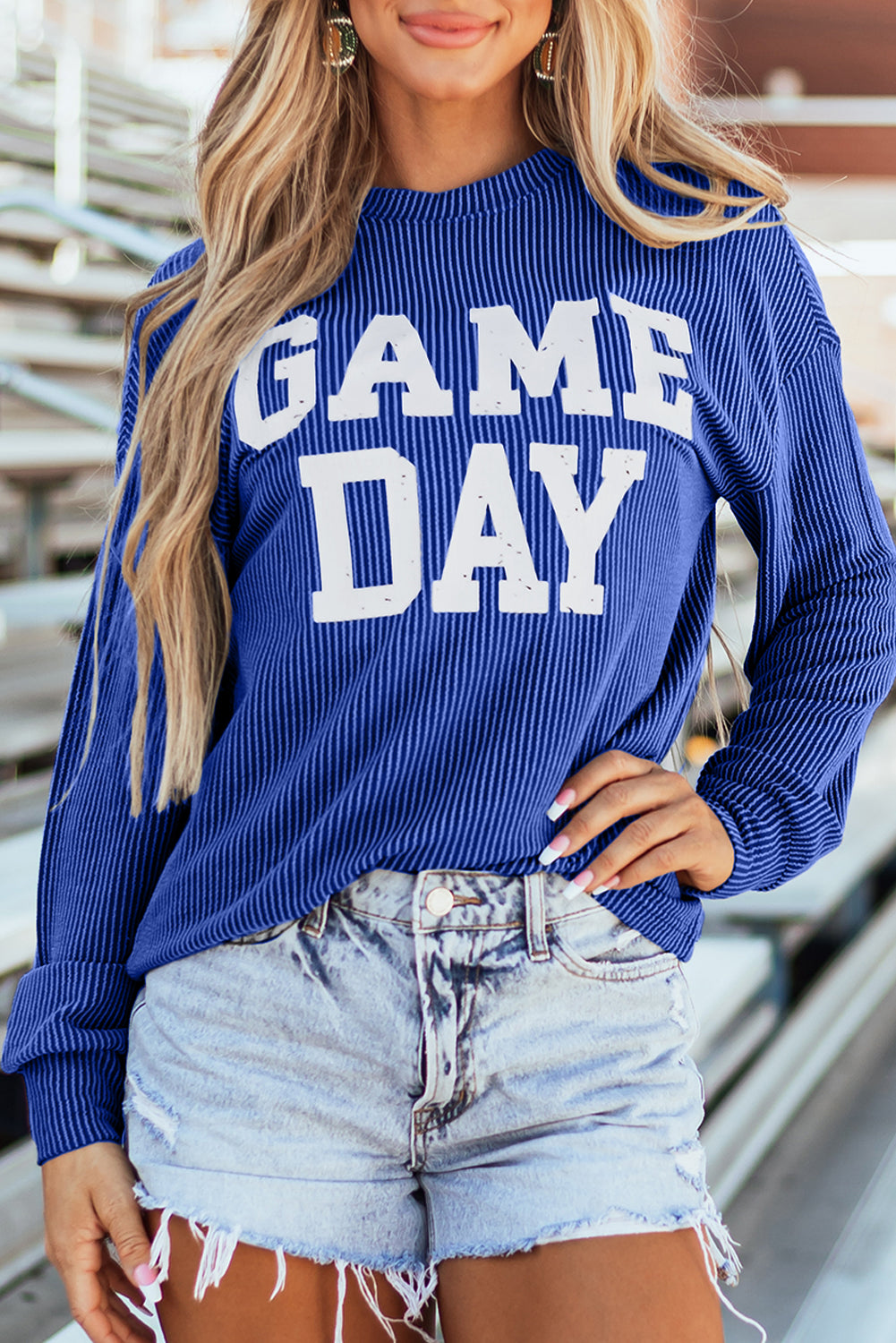 Bluing Corded GAME DAY Graphic Long Sleeve Crewneck Top
